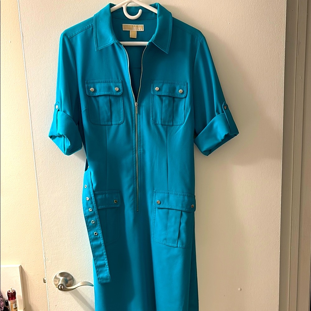 Teal Zip-Up Dress with Roll-Up Sleeves